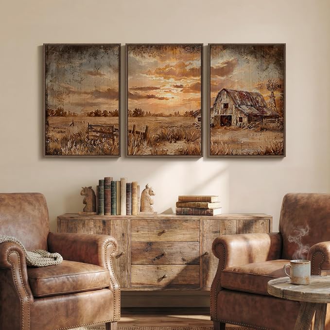 Large Farmhouse Landscape Wall Art for Living Room, Framed Vintage Country Sunset Canvas Prints Set of 3 , Retro Rustic Barn and Field Pictures for Bedroom Dining Room Hallway Office Wall Decor 20x30 Inch
