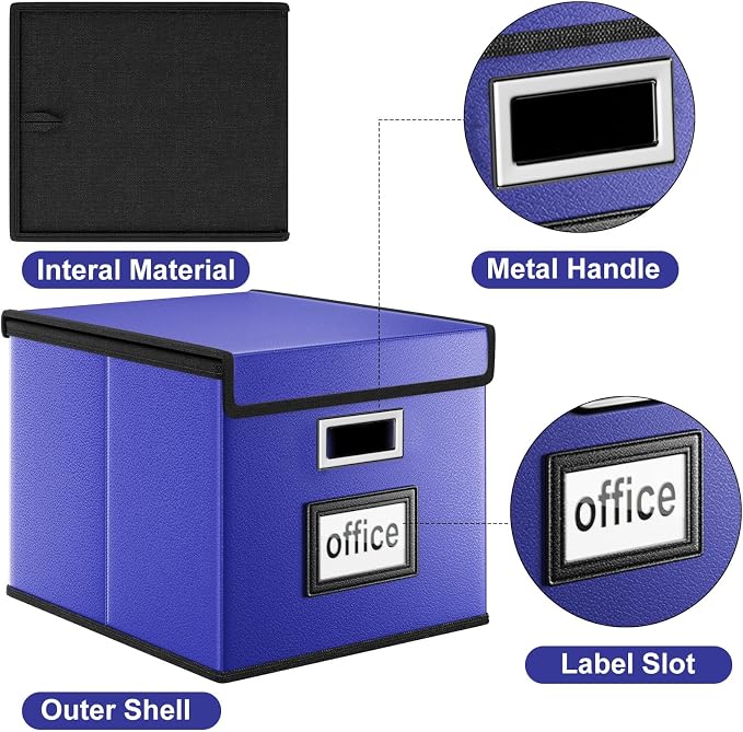 File Organizer Box with Lid, Collapsible Leather File Folder Organizer for Office Document Storage, Filing Box with Plastic Slide for Letter/Legal Size Hanging Files,Navy Blue