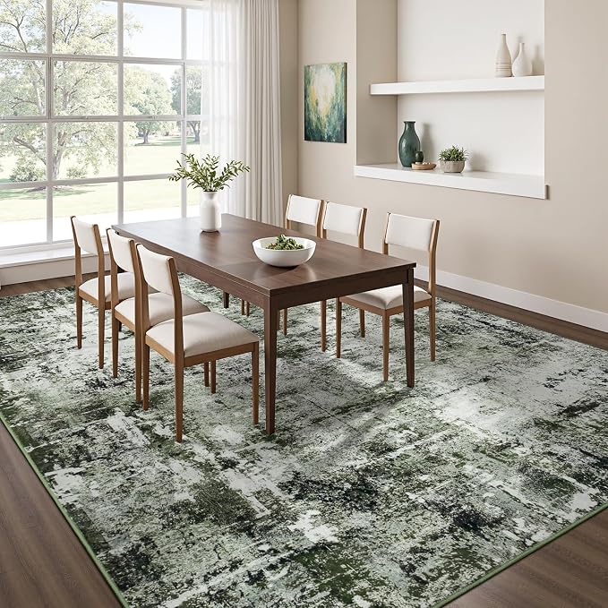 Rugflix 5x7 Area Rugs for Living Room, Washable Large Rug Stain-Resistant Low Pile, Modern Dark Carpet for Dining Room Home Office Kid Room Nursery Bedroom, Dark Green