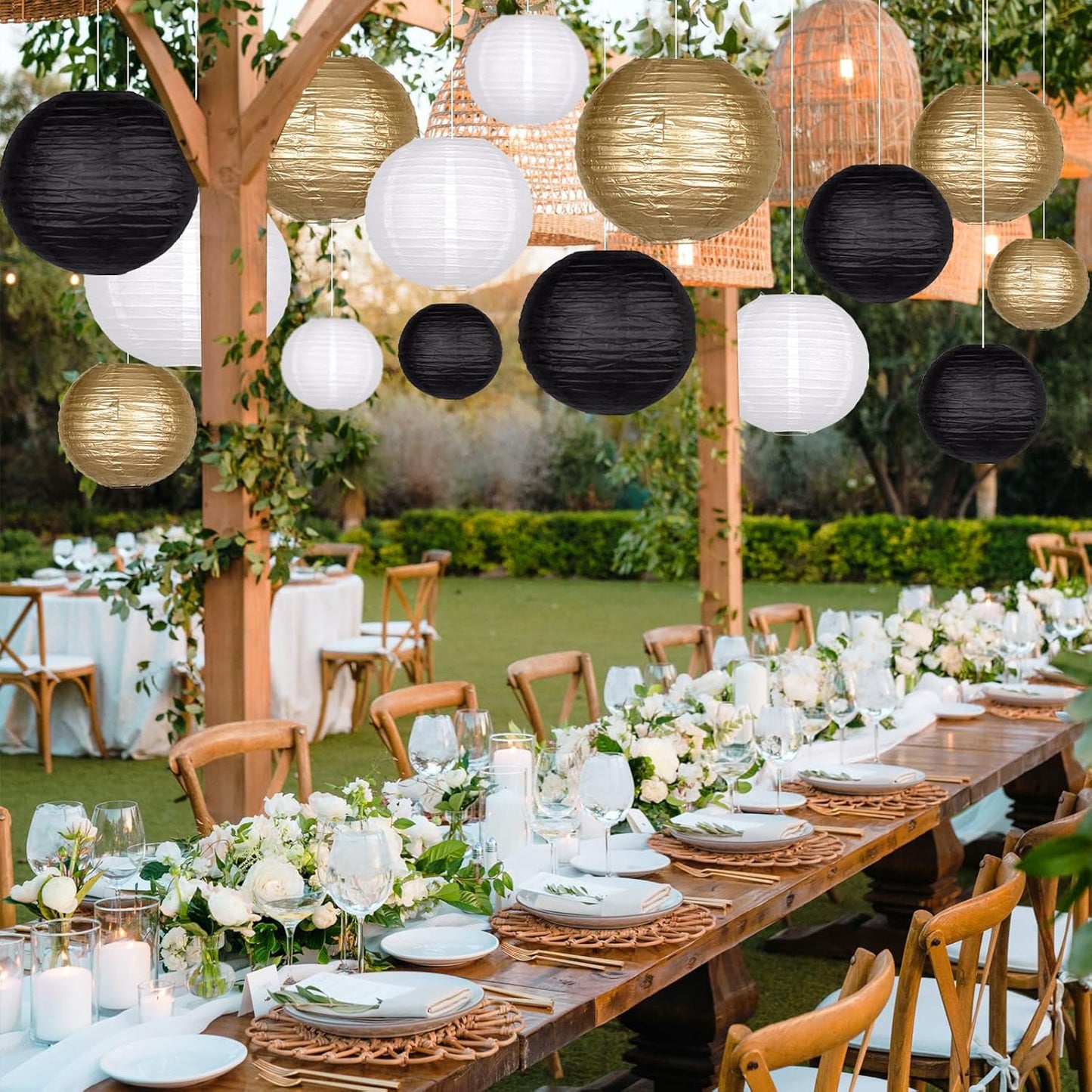 15pcs Paper Lanterns Black Gold Round Hanging Chinese Paper Lanterns 4" 6" 8" 10" 12" for Bachelorette Engagement Wedding Baby Bridal Birthday Party Decorations