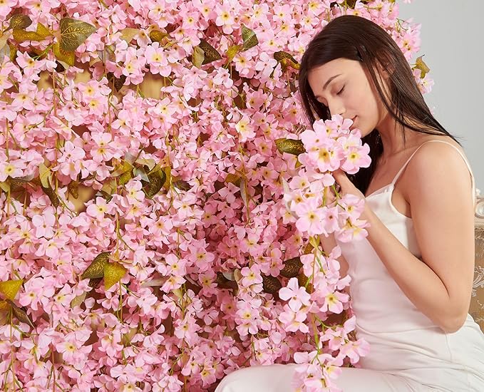 PONKING Flower Garland, Artificial Hydrangea Vine Flowers, Hanging Fake Hydrangeas Vine for Room Anniversary Wedding Birthday Christmas Wall Arch Decor, 2 Pcs, Floral Garland, Light Pink Flower