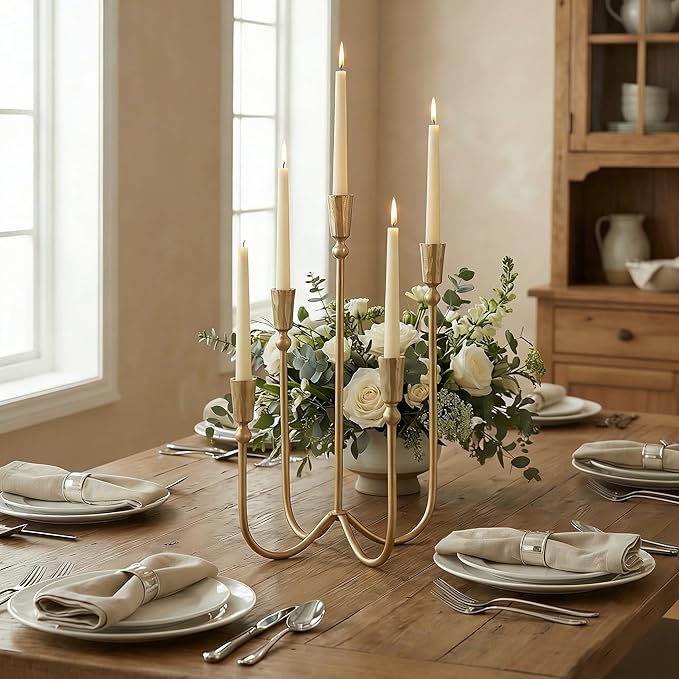 BANOMII Large Iron Candelabra Centerpieces for Tables, 17.7'' Tall Taper Candle Holders, Vintage Brass Gold Candlestick Holders, Antique Fireplace Mantel Decorations for Living Room, 5 Arms