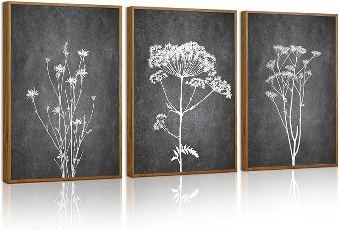 Tinonedraw Black and White Floral Framed Canvas Wall Art Set, Vintage Flower Wall Decor, Dark Academia Minimalist Botanical Art Paintings, Wildflower Art Print for Living Room Bedroom Office 16"x24"x3