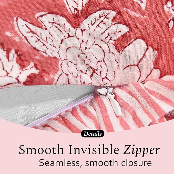 CPC Coral Pink 100% Cotton Block Print Ruffle Pillow Cover 16X16 inch, Handmade Boho Floral Pillowcase, Farmhouse Cottagecore Bedding, Soft Decorative Cushion Cover for Bedroom Décor
