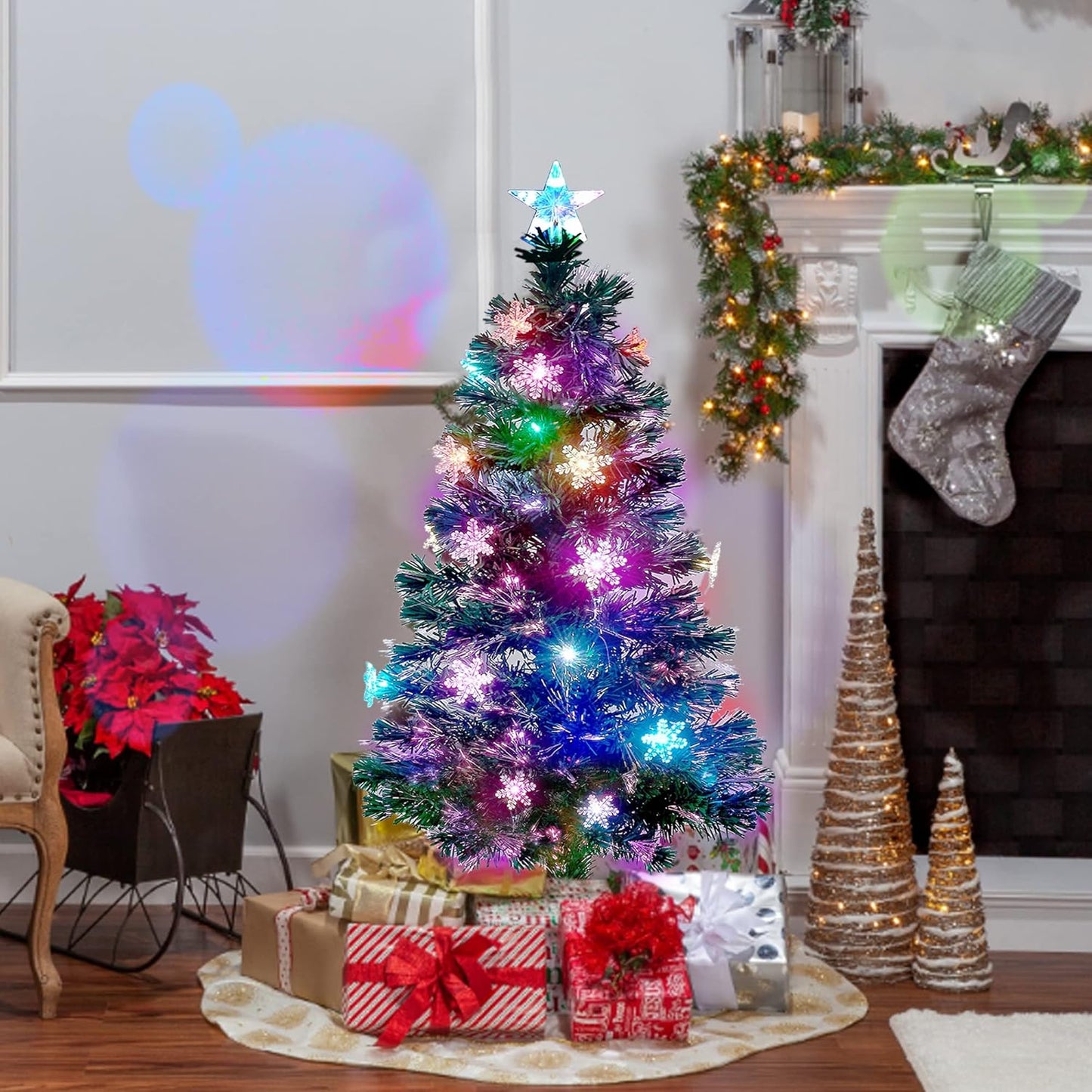 Juegoal 4 ft Pre-Lit Artificial Christmas Tree, Lighted Optical Fiber Xmas Trees with RGB Color Changing LED Lights, Snowflakes & Top Star, Festive Party Holiday Fake Multicolored Tree with Metal Legs