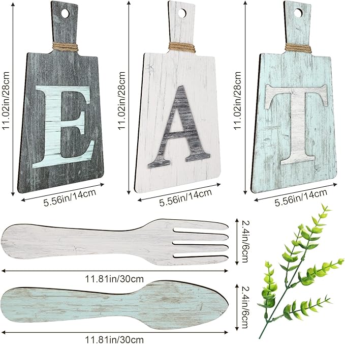 Jetec Cutting Board Eat Sign Set Hanging Art Kitchen Eat Sign Farmhouse Fork and Spoon Wall Decor Rustic Primitive Country Kitchen Decor for Home over Cabinet Decoration(Gray, White, Blue)