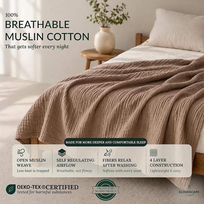 CLOUDSCAPE 4 Layer Muslin Blanket for Adults - 100% Cotton Blankets Twin Size for All Season - 68"x92" Fits Upto TwinXL Bed - Soft Lightweight Breathable Cotton Blankets for Summer - Mocha Mousse