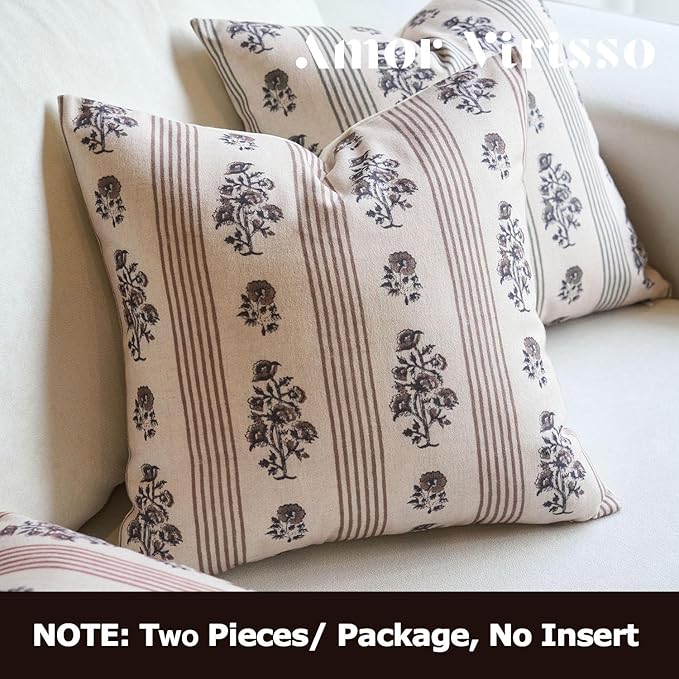 Amor Virisso Floral Throw Pillow Covers 22x22 Set of 2 Block Print Pillow Covers Neutral Floral Striped Farmhouse Decorative Pillow Covers for Sofa Couch Bed, Brown