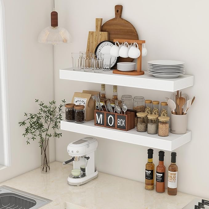 FLYJOE 36'' White Floating Shelves Set of 2, 12 Inch Deep Wood Shelves for Wall, 36 Inch White Shelves for Books, Toiletries, Kitchen Utensils, Laundry, 45Lbs, Hardware Included
