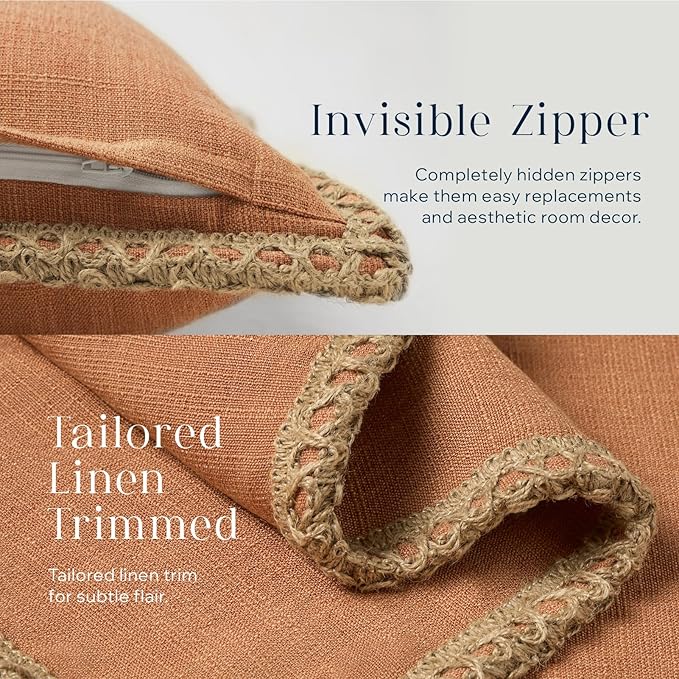 Phantoscope Pack of 2 Farmhouse Decorative Solid Throw Decorative Pillow Cover Burlap Linen Trimmed Tailored Edges Orange 18 x 18 inches, 45 x 45 cm