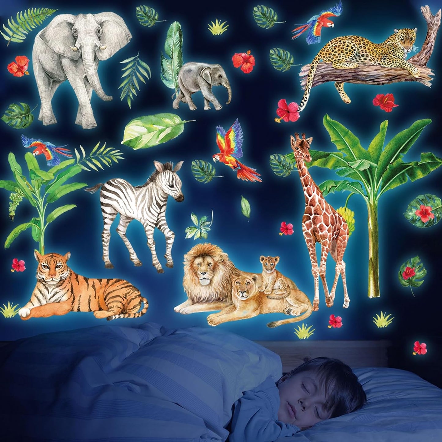 Glow in The Dark Jungle Animals Wall Decals,Glowing Luminous Safari Animals Wall Stickers Removable self-Adhesive Forest Tiger Elephant Palm Trees Decals for Boys Girls Bedroom Kids Nursery Decoration