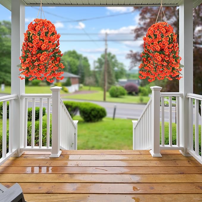 Sggvecsy Artificial Fake Hanging Flowers Plants for Outdoor Outside Spring Summer Decoration 4PCS Faux Silk UV Resistant Realistic Morning Glory Trailing Vines for Home Porch Patio Balcony(Orange)