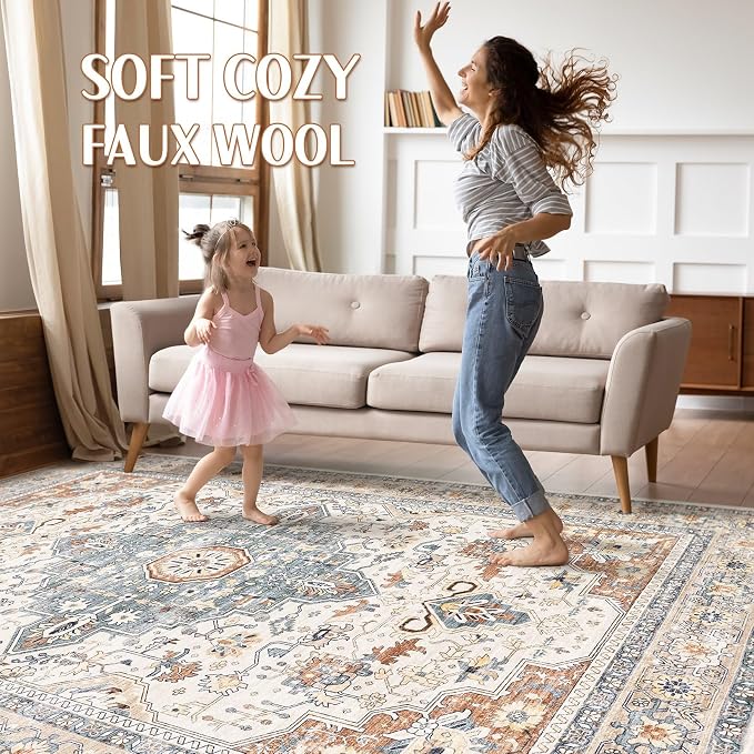 9x12 Area Rug Living Room: Washable Boho Large Neutral Vintage Soft Rugs Stain Resistant Distressed Farmhouse Non-Slip Indoor Floor Carpet for Bedroom Nursery Kids Office Dining Room- Beige Blue