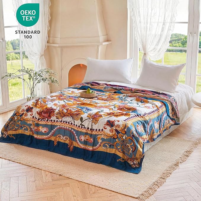 MSGKV Boho Throw Blanket 50"x60" Couch Floral 100% Cotton Blanket Summer Breathable Lightweight Blankets for Sofa All Seasons Home Decor Muslin
