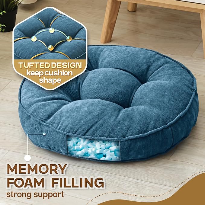 1 MIDDLE ONE Floor Pillow Set of 2, Memory Foam Floor Cushions for Adults, Large Meditation Pillow for Sitting, 22 x 22 Inches (Round | Navy)