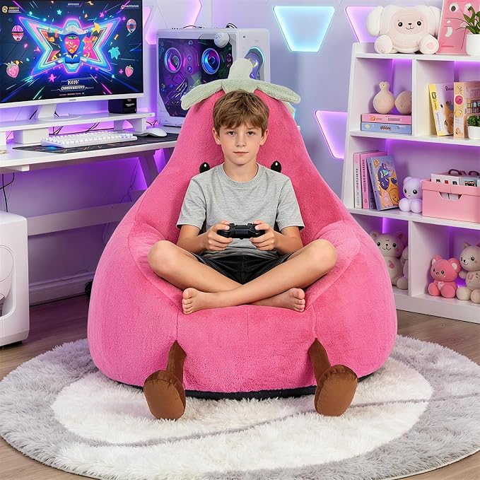 31 Inches Memory Foam Bean Bag Chair - Ultra Soft Faux Rabbit Fur Round Sofa with Handle & Machine Washable Cover, Eggplant-Shaped Kids Reading Chair for Bedroom, Living Room and Playroom, Magenta