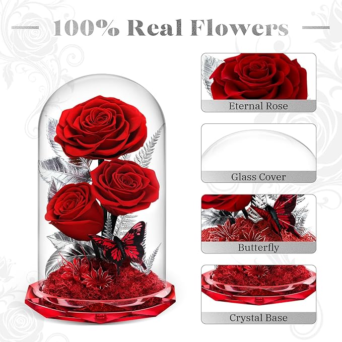 Forever Roses in Glass Dome - Preserved Flowers,Birthday for Her Women Valentine's Day, Mother's Day, Anniversary A-Grade Red Roses, Home Decor for Girlfriend,Wife, Mom (Red)