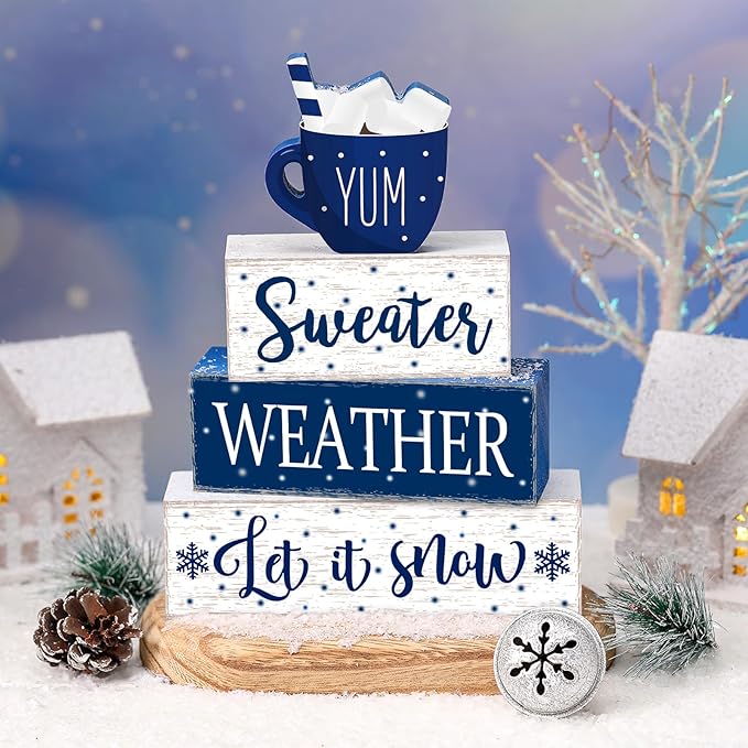 Marsui 4 Pcs Winter Wooden Tabletop Let It Snow Tiered Tray Decor Snowflakes Decorative Wood Block Sign Gift Farmhouse Christmas Table Centerpiece for Home Indoor Holiday