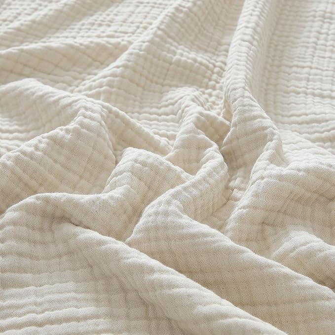 PHF 100% Cotton Muslin Throw Blanket 50" x 60", 4-Layer Lightweight and Breathable Blanket, Luxuriously Soft Gauze Throws for Couch Bed Sofa, Ideal Gift Choice, Oat Milk