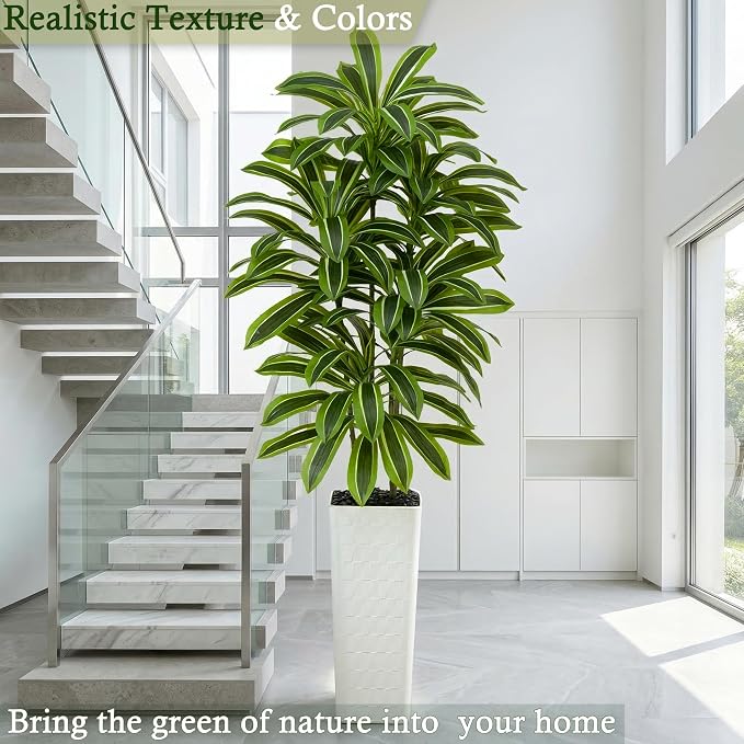 Artificial Dracaena Tree：7FT Faux Silk Tropical Yucca Floor Trees Realistic Fake Green Plant with Natural Wood Trunk & Lifelike Leaves for Home Office Decor Indoor & Outdoor (7FT,1-Pack,White)
