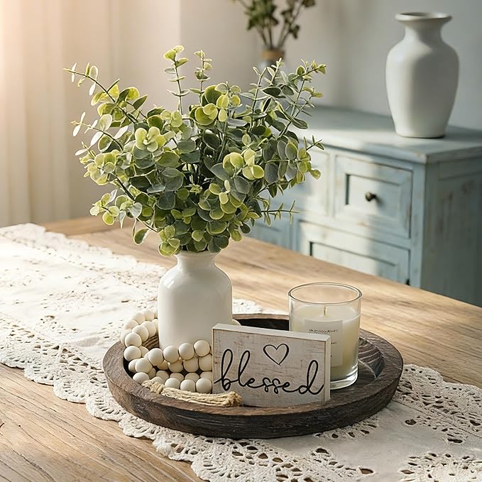 Rustic Modern Farmhouse Decor Set of 6 for Your Living Room, Kitchen Counter, Home or Table Centerpieces Room Decor, Wood Round Decorative Tray Easter Gifts for Women Men Easter Basket Stuffers