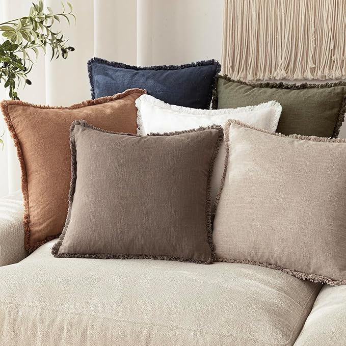 Foindtower Set of 2 Decorative Linen Fringe Throw Pillow Covers Farmhouse Cushion Cover with Tassels Soft Accent Pillowcase for Couch Chair Sofa Bed Living Room Home Decor,22×22 Inch,Natural Linen