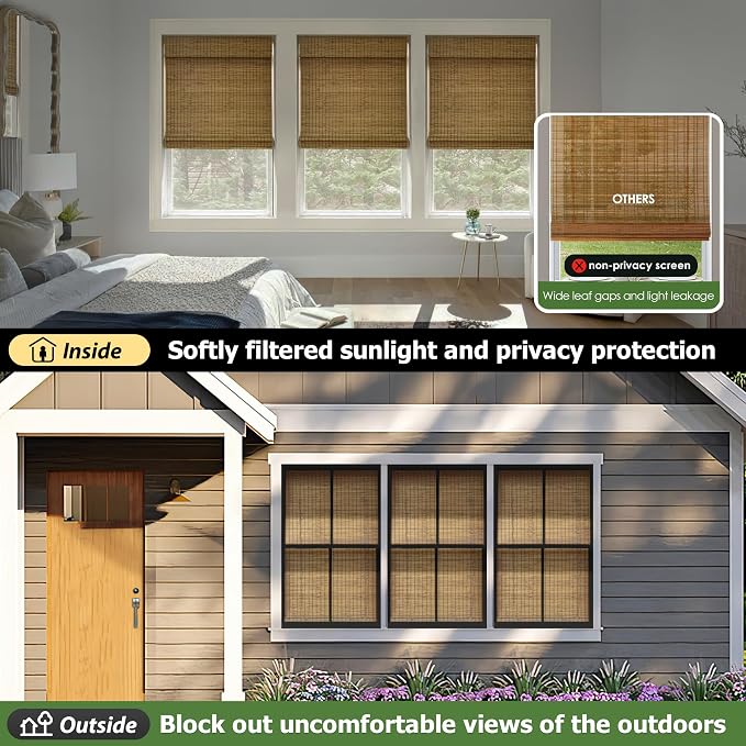 LazBlinds Cordless Bamboo Roman Shades, 39x64, Highfield Teak | Privacy Blinds for Interior Windows, Room Darkening Roll Up Bamboo Blinds for Home & Patio
