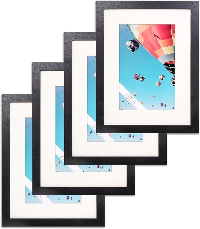 The Display Guys - Black Wooden Minimalist Picture Frames Set - Tempered Glass - 12x16 matted to 8x12 - Wall Hanging - 4-Pack