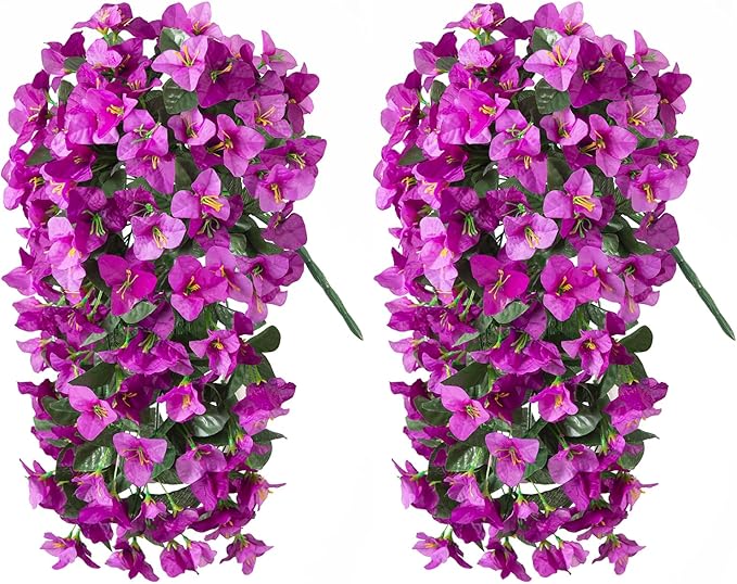 INXUGAO 2 pcs Artificial Faux Bougainvillea Flowers Plants for Outdoor Outside Summer Decoration, Fake Silk UV Resistant Long Trailing Vines for Front Door Porch Planter Balcony (Double Lotus)
