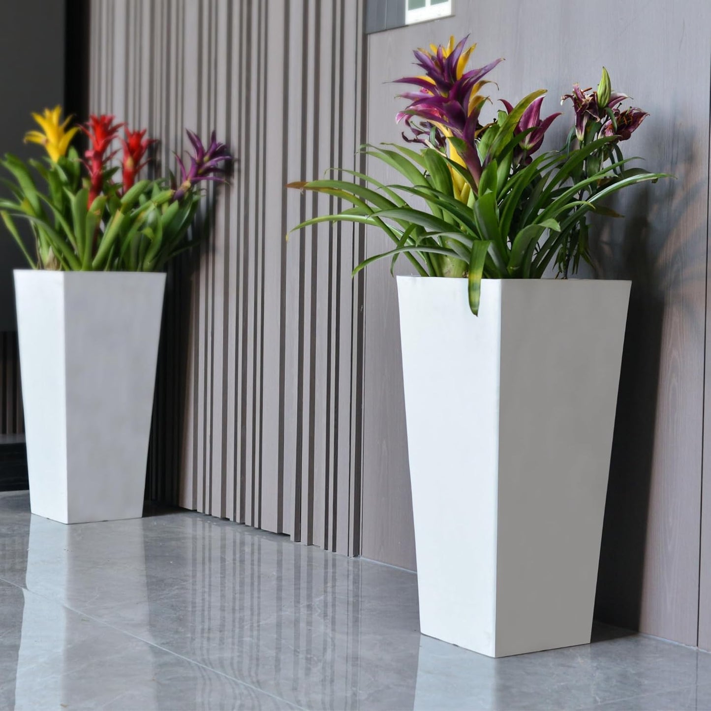 GreenShip 27" Tall Planters, Set of 2 – Black Outdoor Planter for Front Porch & Tall Plants, Weather-Resistant, with Drainage Hole & Rubber Plug (No Plants Included) (White-2pcs)