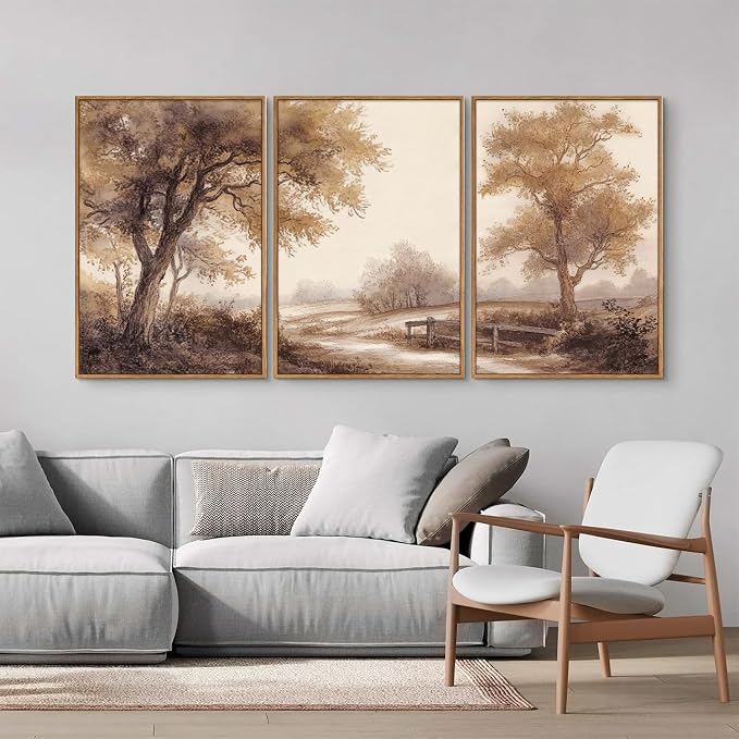 Rantodecor Vintage Landscape Framed Canvas Wall Art Triptych, Rustic Tree Sketch Wall Decor, Large Claming Nature Forest Art Paintings, Modern Relax Farmhouse Artwork for Bedroom Living Room 24"x36"x3