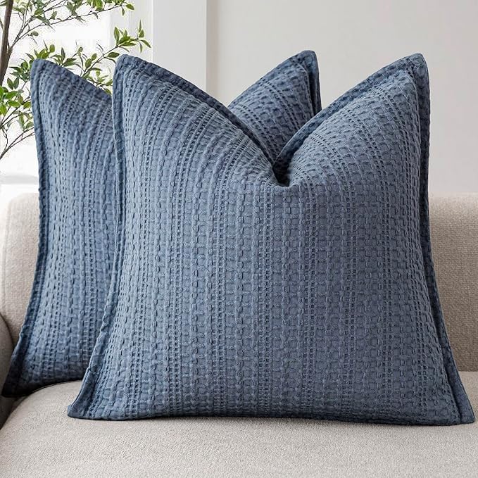 Foindtower Set of 2 Decorative Cotton Waffle Weave Throw Pillow Covers Euro Shams Cushion Covers Accent European Pillowcase for Bed Couch Sofa Bedroom Living Room Home Decor 18×18 Inch Blue