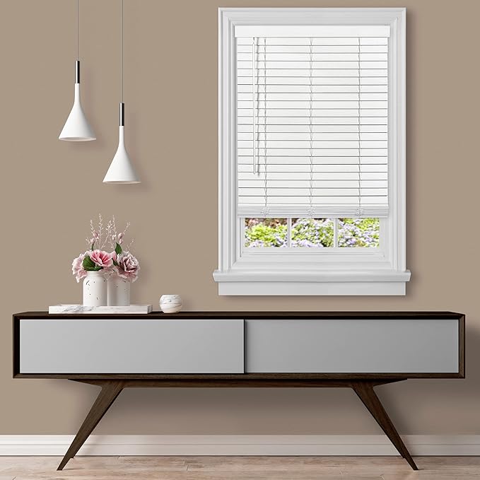 Cordless Room Darkening Plantation Blind - 30 Inch Width, 64 Inch Length, 2" Vinyl Slat Size - White - GII Madera Falsa Faux Wood, Light Filtering Horizontal Windows Blinds by Achim Home Decor