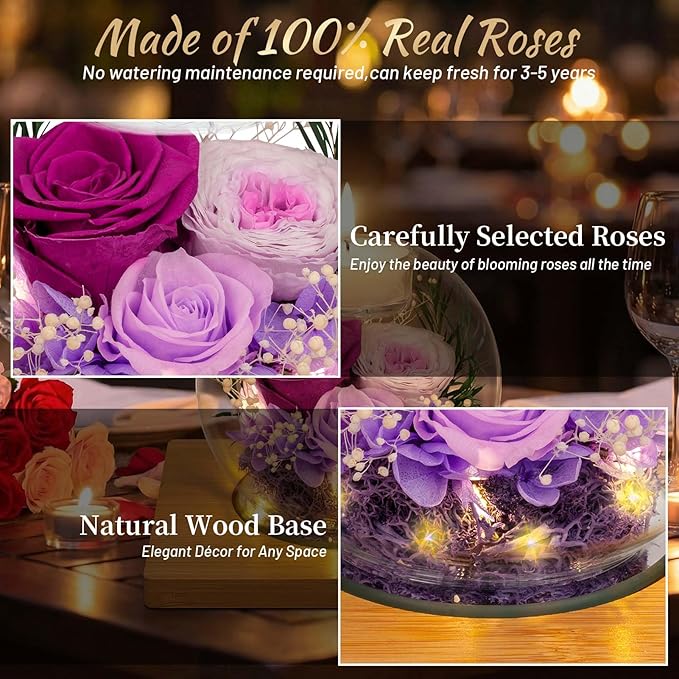 ENERLEAF Preserved Purple Real Rose in Glass with Scented Candles–Eternal Flower Romantic Anniversary Mothers Day Christmas Birthday Valentines Day, Women, Wife, Girlfriend, Mom, Grandma