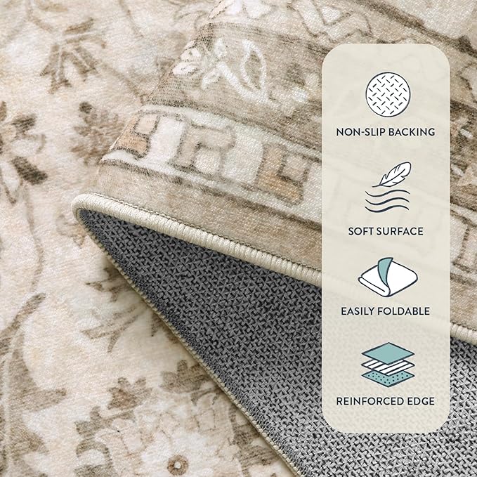 Lahome Tan Beige Area Rug, Distressed Boho 8x10 Rugs for Living Room | Machine Washable Soft Non Slip Room Carpet for Office Apartment Nursery