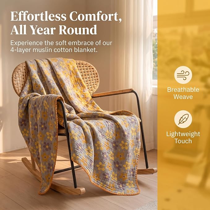NIDITW Checkerboard Cotton Muslin Throw Blanket for Couch 6-Layer Checkered Gauze Blanket Soft Breathable All Season for Couch Bed Sofa (Yellow Flowers, Full)