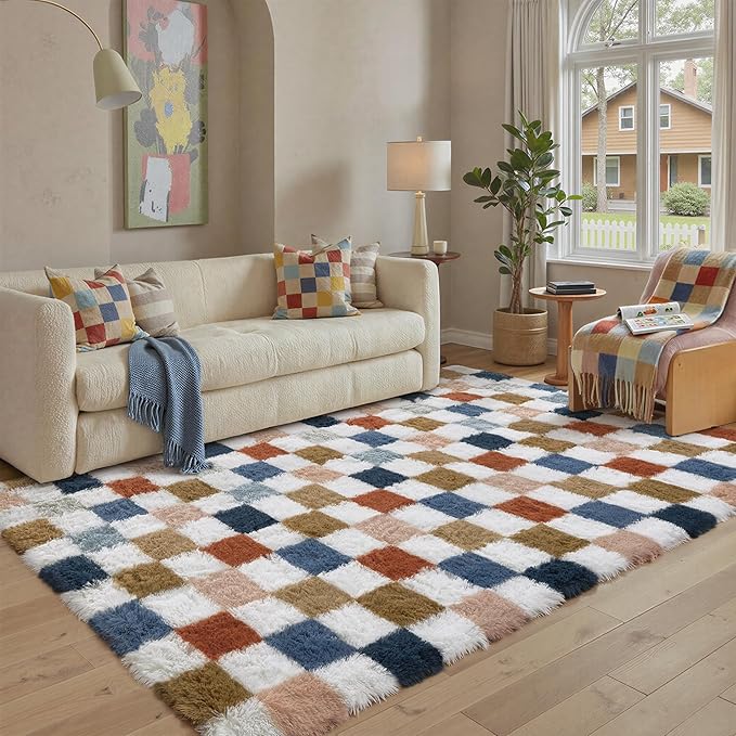 PureCozy Checkered Rug 6x9 for Living Room, Modern Rainbown Shag Rug Washable Non-Slip Large Area Rug Super Soft Indoor Fuzzy Carpet Fluffy Rugs for Bedroom Home Aesthetic Decor