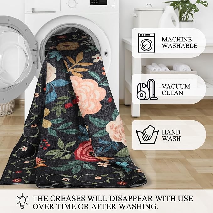 DUKINO Washable Runner Rug 2x12, Ultra Soft Floral Runner Rug for Hallway, Boho Non Slip & Non Shedding Indoor Entryway Carpet for Kitchen, Laundry Room, Bathroom, Bedroom, Entrance, Black