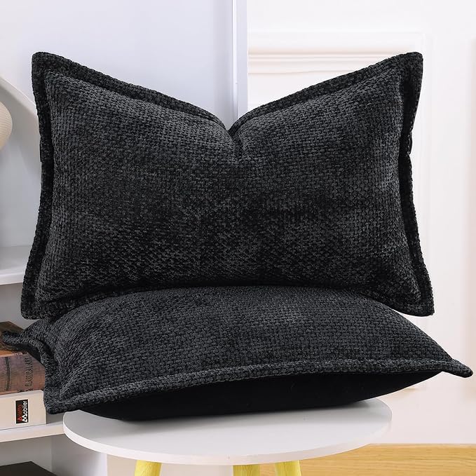 MADIZZ Decorative Chenille Velvet Throw Pillow Covers Set of 2 Soft Boho Textured Neutral Couch Throw Pillow for Bed Modern Farmhouse Home Decor for Sofa Livingroom Black 12x20 Inch