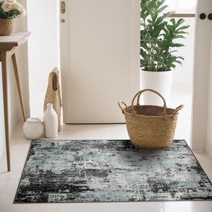 RELEANY Washable Area Rugs 3'x5' Non-Slip Modern Abstract Soft for Living Room Entryway Bedroom Nursery, Print Pattern, Blue Black Teal