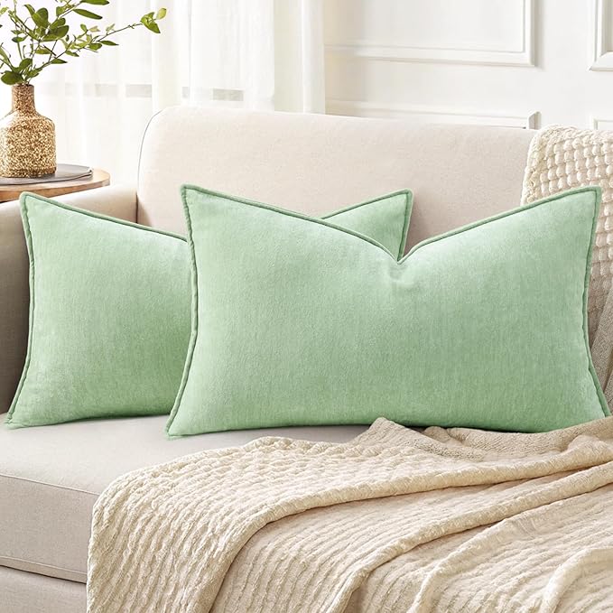 decorUhome Summer Couch Throw Pillow Covers 12x20 Set of 2, Decorative Soft Velvet Modern Cozy Chenille Lumbar Pillow Cases with Elegant Design for Sofa Bed Living Room Home Decor, Sage Green