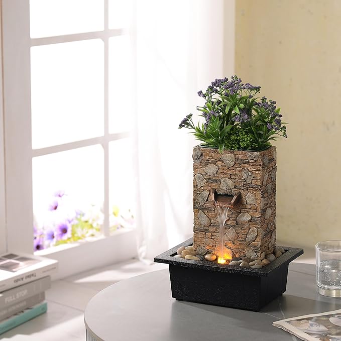 Kalona Tabletop Waterfall Fountain, Zen Fountain for Home Office Decor with LED Lights, Relaxing Indoor Water Feature with Realistic Stone Look for Meditation(23111)
