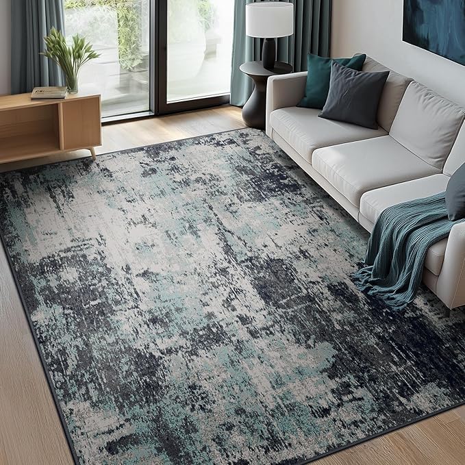 RELEANY Washable Area Rugs 5'x8' Non-Slip Modern Abstract Soft for Living Room Entryway Bedroom Nursery, Print Pattern, Blue Black Teal