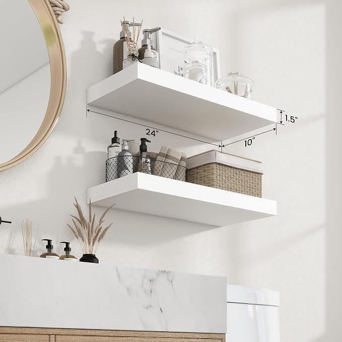 Axeman 24Inch Floating Shelves for Wall, 2 Pack Shelves for Bedroom, Bathroom, Kitchen, Hanging Wall Mounted Rustic Wood Shelf with Invisible Brackets for Books Decor, White