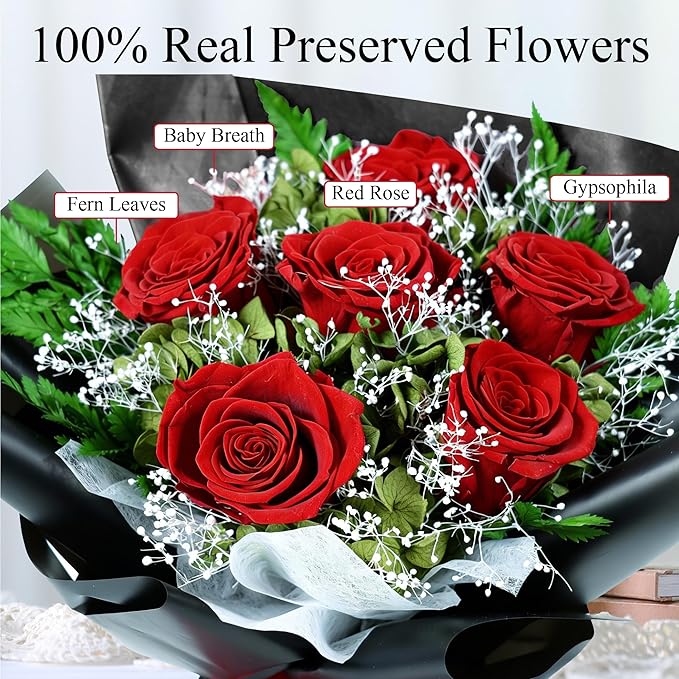 TUCCI FLORAL-Forever flowers bouquet with baby’s breath, Real red roses, Gift for Mother’s Day, Birthday, Anniversary, Girlfriend Wife Grandma Her Women, preserved flowers for delivery prime tomorrow