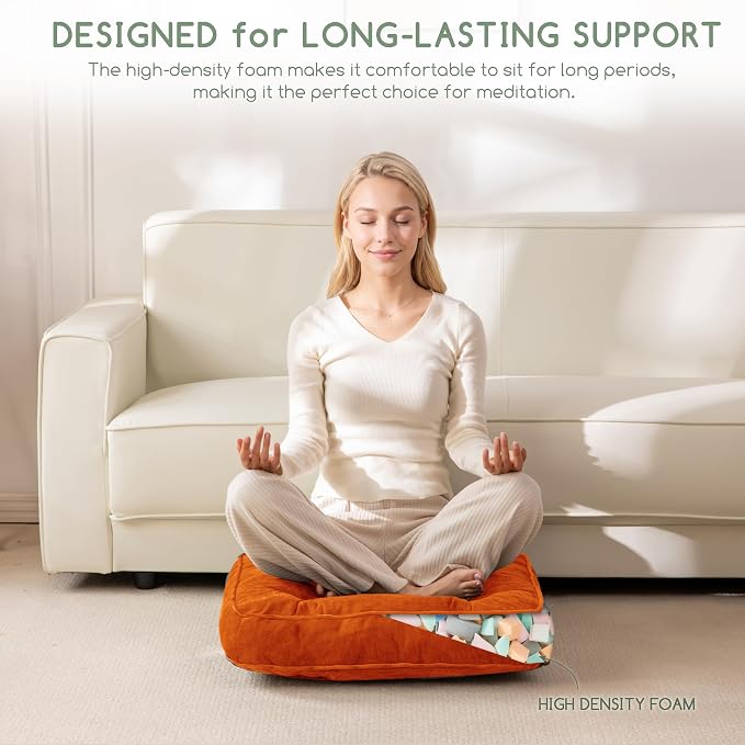 HIGOGOGO Large Floor Pillow Cushion for Adults, Meditation Cushion Pillow with Handle, Lustrous Chenille Tufted, Square Floor Sitting for Tatami Living Room or Yoga, 22x22 Inch, Orange