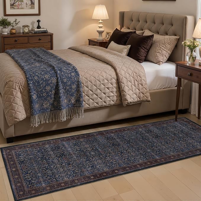 Dark Blue 2x6 Washable Runner Rug Non Slip, Old Money Aesthetic Carpet Runners for Hallway Kitchen 6ft Vintage Maximalist, Low Pile Thin Print Entryway Runner for Bathroom Mudroom Bedroom