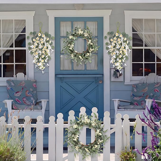 Pinkpum 20'' Eucalyptus Wreath 22'' Daisy Teardrop Swags Set 4 for Front Door Fireplace Hanging Porch Wall Home Window Kitchen Decor Farmhouse Garden Party Indoor Outdoor Summer Spring Fall