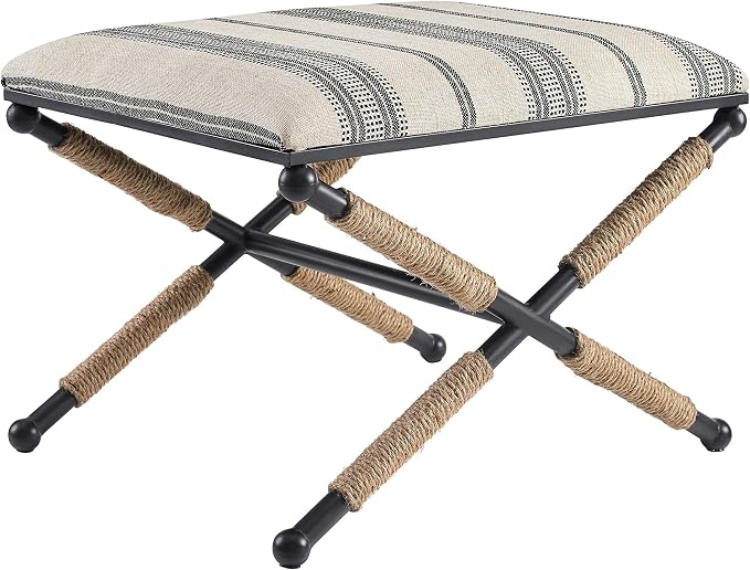 Linon Farrow Black Metal and Natural and Black Stripe Upholstered Campaign Ottoman