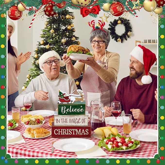 Lineshading 4 Pcs Christmas Table Decoration Wooden Santa Claus Decor Christmas Tiered Tray Decor Decorative Santa Claus Elk Block Sign Gift Farmhouse Xmas Table Centerpiece for Home Kitchen Shelf